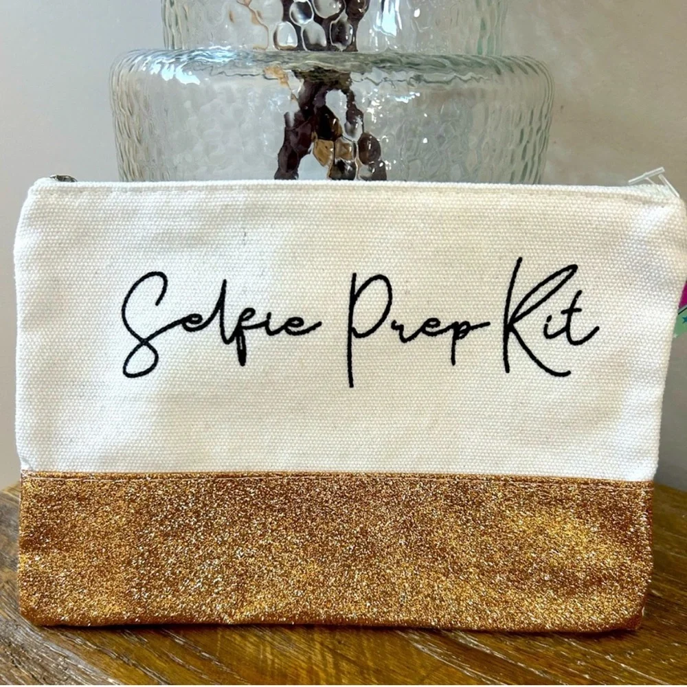 Selfie Prep Kit Makeup Pouch Bag Cosmetic Bag Travel White & Gold‎